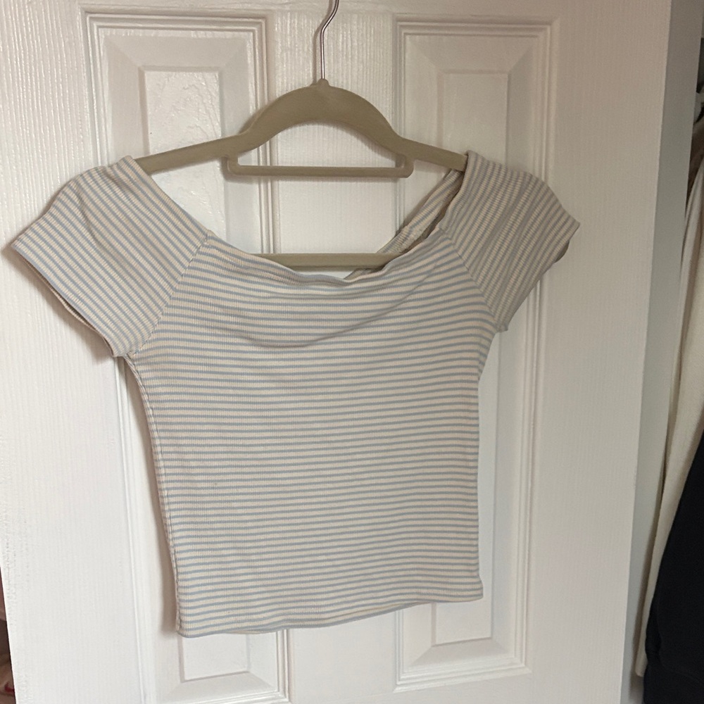 Altar'd State Light Blue and White Striped Off-Shoulder Crop Top